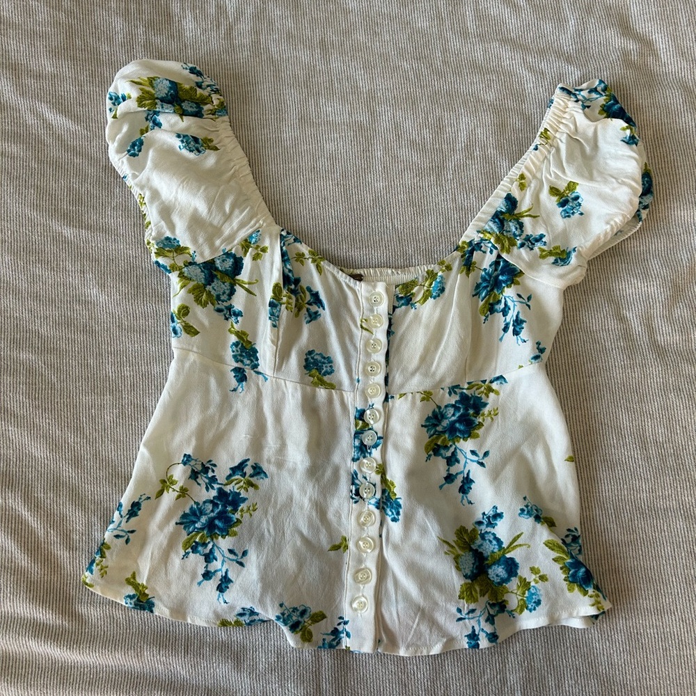 Free People Floral Blouse - White and Blue